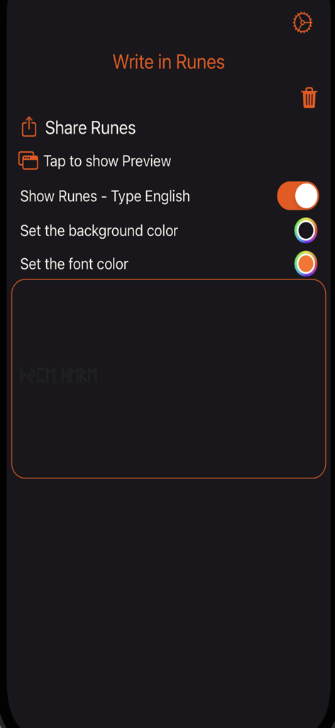 Interfaz de la aplicación Traductor de Runas mostrando opciones de personalización de texto y uso compartido