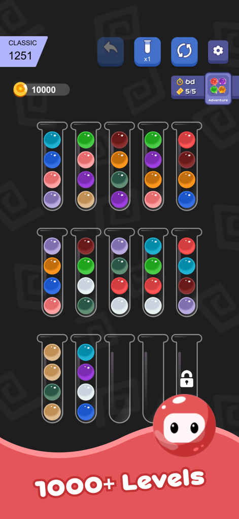Ball Sorting Master - Puzzle - Gameplay of Ball Sorting Master Puzzle showing test tubes with colored balls and level 1251