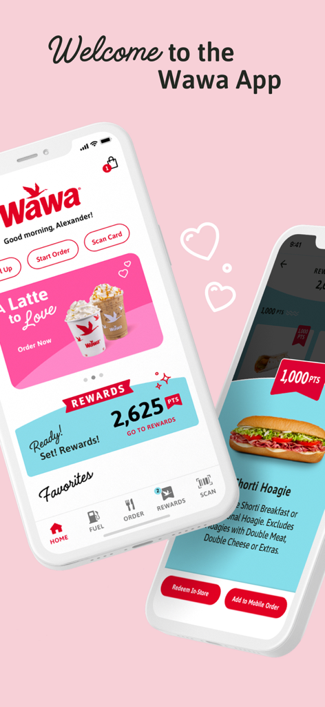 Two iPhone screens showing the Wawa app home page with reward points and a hoagie in the rewards store