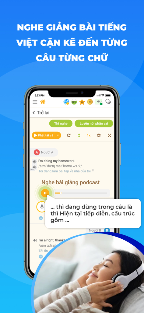 Lang Kingdom - Best At English - Lang Kingdom mobile app interface showing an English dialogue with Vietnamese translations and audio lecture controls.