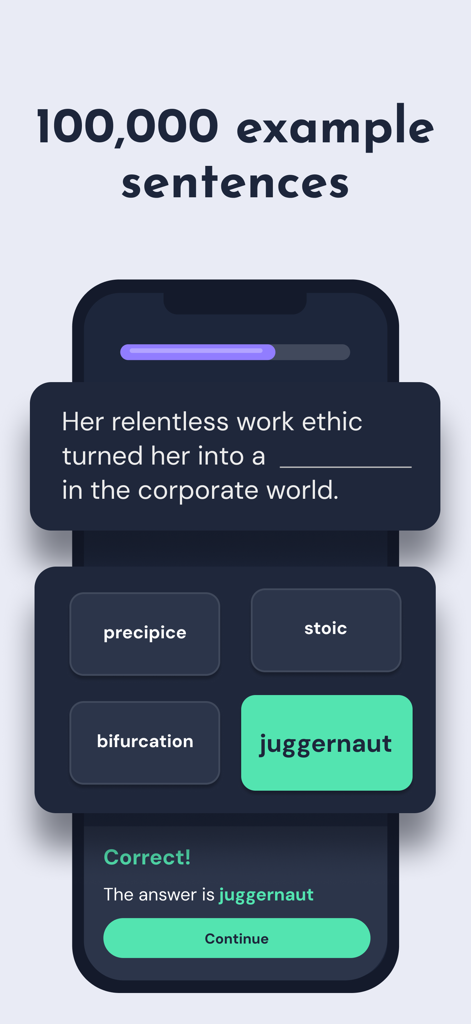 Screenshot of nodu app vocabulary quiz interface showing a sentence completion question with the correct answer juggernaut