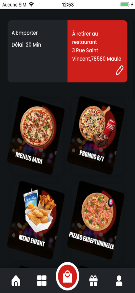 Interface de l'application mobile Pizza Presto Maule montrant les catégories de menu et les informations de retrait