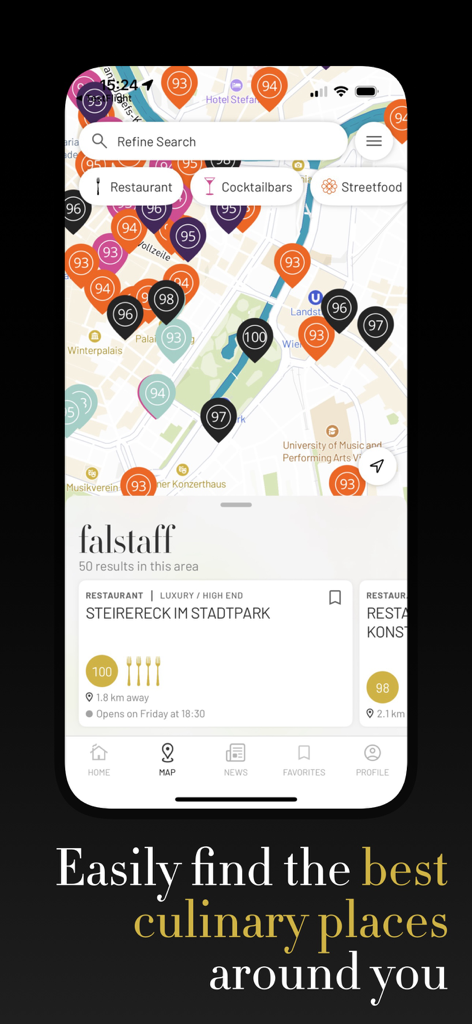 Falstaff Guide - Falstaff Guide mobile app interface showing a map with restaurant and bar ratings in a city