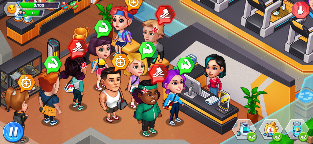 Happy Fitness: Gym Game - ワークアウトリクエストアイコン付きのHappy Fitness Gym Gameシミュレーションで、受付で待つキャラクター