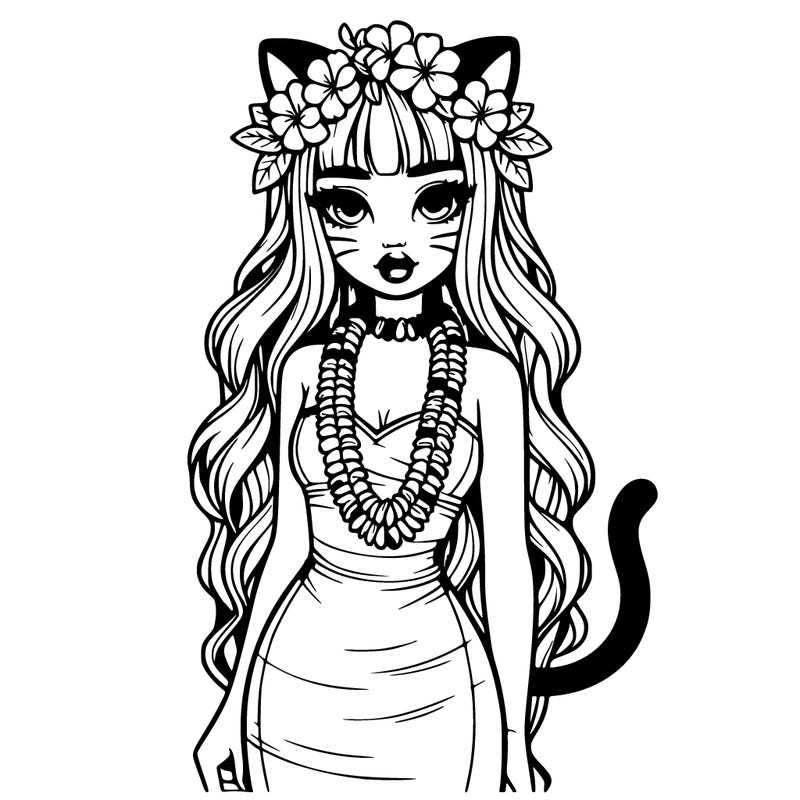 realistic hawaiian girl with haku lei,lips,long dress,cat ears and tail