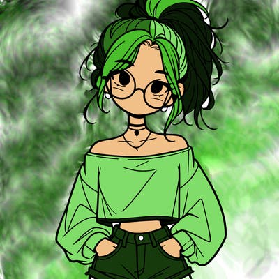 girl with a messy ponytail glasses a baggy crop top and jean shorts