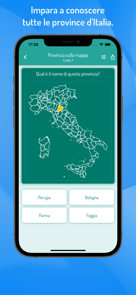 Un quiz de geografía para móvil que muestra un mapa de Italia con una provincia resaltada y opciones de respuesta múltiple para su nombre.