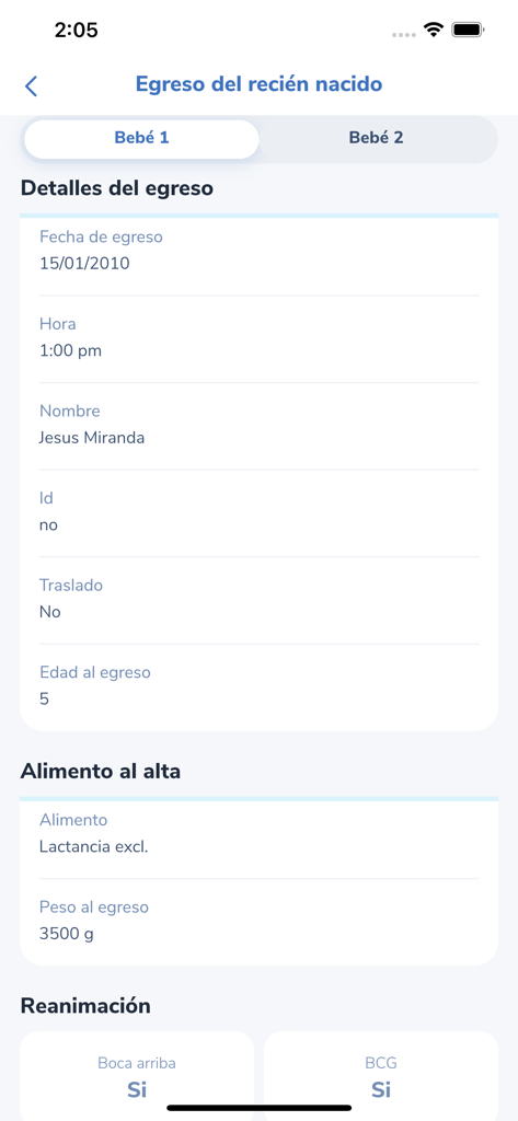 MiSip - Captura de tela do aplicativo MiSip exibindo o resumo de alta do recém-nascido e detalhes médicos