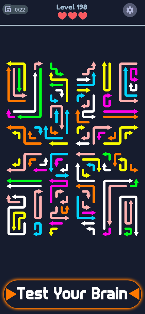 Arrow Escape: Maze Puzzle - Una pantalla de juego de rompecabezas de lógica de Arrow Escape con flechas de neón de colores sobre un fondo oscuro