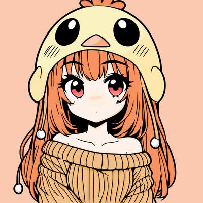 anime girl with chick shaped hat with sweater with bare shoulders with bangs covering them one eye with low tail