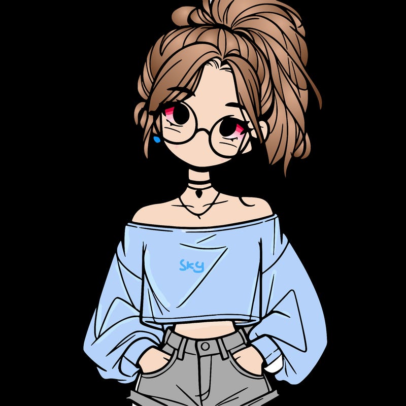girl with a messy ponytail glasses a baggy crop top and jean shorts