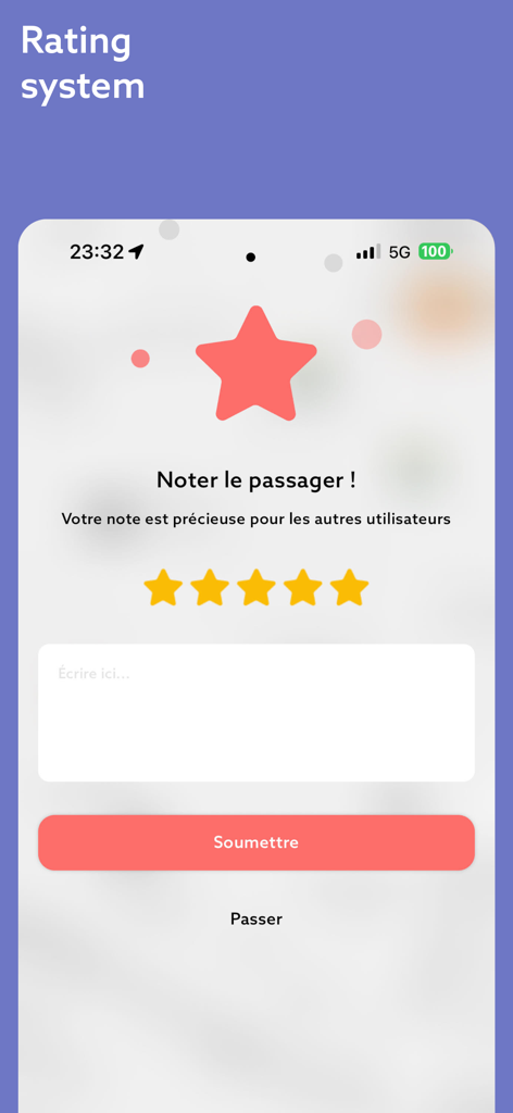 Misy Driver app interface showing a passenger rating screen with five stars and a comment box