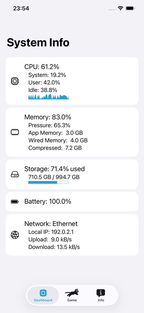 RunCat Pocket - System information dashboard in the RunCat Pocket app showing real-time CPU memory storage and battery status