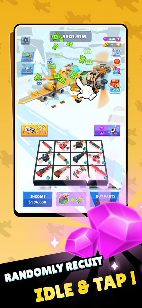 Merge Plane: Air Race! - Captura de pantalla del juego Merge Plane Air Race mostrando cómo tocar un avión para obtener dinero y fusionar piezas de aeronaves en una cuadrícula.