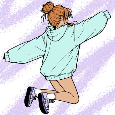 realistic girl jumping with a bun and oversized sweatshirt
