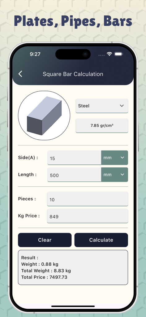 Metal Weight Calculators - Metal Weight Calculator app showing square bar steel calculation for weight and price