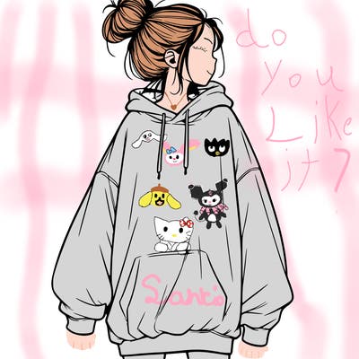 realistic girl with a oversized sweatshirt on and a bun