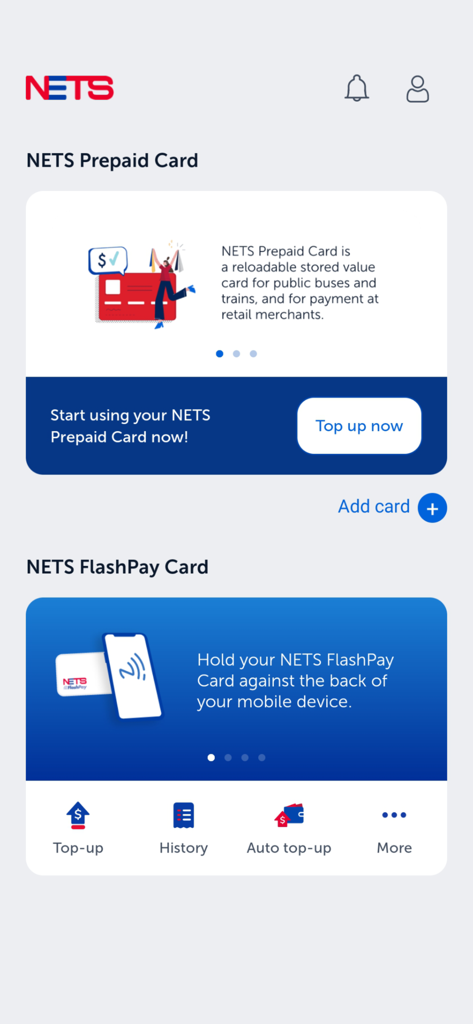NETS App - Painel do NETS App mostrando opções para gerenciar cartões NETS Pré-pago e FlashPay, incluindo recursos de recarga e histórico