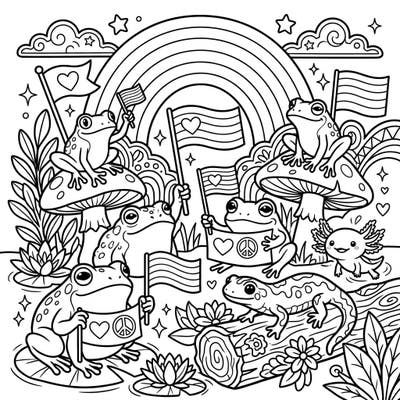 Join a heartwarming celebration with our unique Pride Month coloring page featuring a joyous gathering of amphibians! This engaging design, perfect for teens, invites you to bring a vibrant spectrum of colors to frogs, salamanders, and an adorable axolotl amidst symbols of love and diversity.