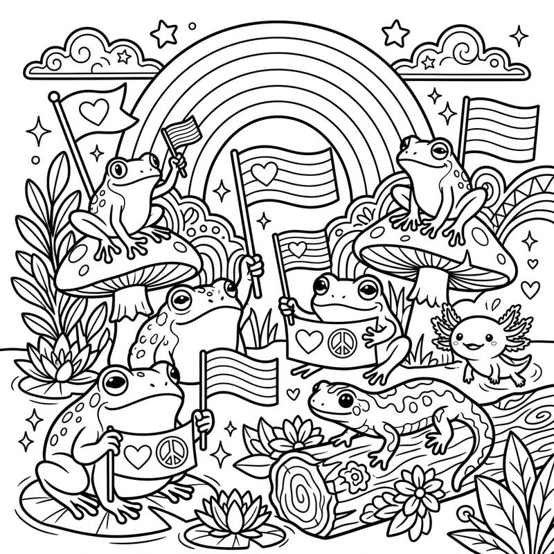 Join a heartwarming celebration with our unique Pride Month coloring page featuring a joyous gathering of amphibians! This engaging design, perfect for teens, invites you to bring a vibrant spectrum of colors to frogs, salamanders, and an adorable axolotl amidst symbols of love and diversity.