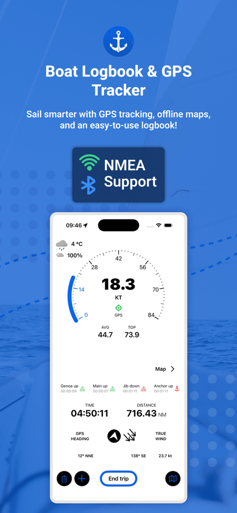 Boat Logbook & GPS Tracker - Tableau de bord de l'application Journal de bord du bateau et suivi GPS affichant la vitesse, la distance et la prise en charge NMEA