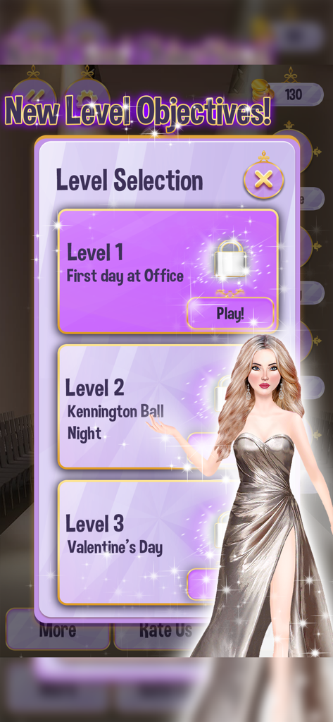 Fashion Makeup Makeover Games - Menú de selección de niveles en Fashion Makeup Makeover Games que presenta temas de estilismo como Oficina, Noche de Gala y Día de San Valentín junto a una modelo con un vestido plateado.