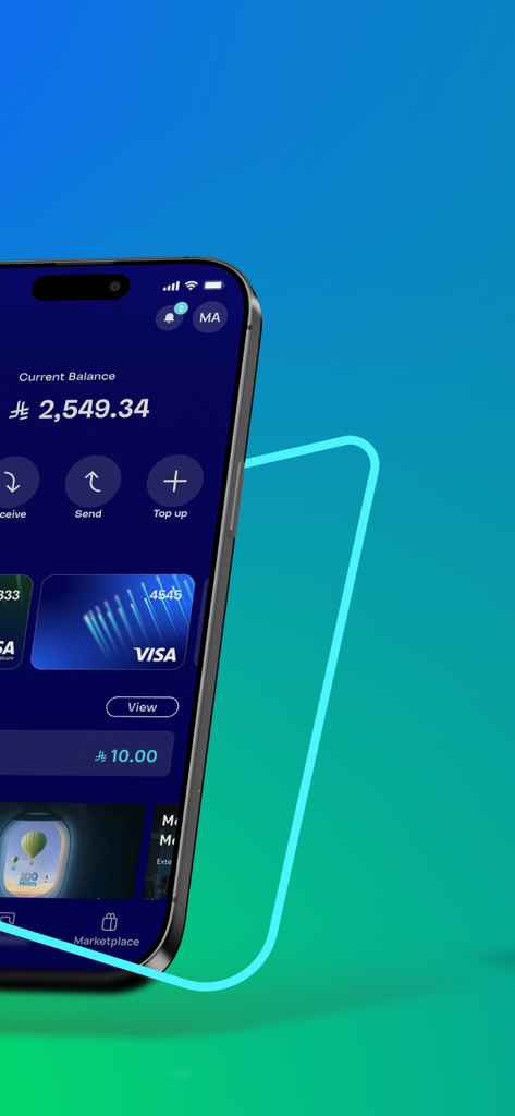 iPhone screen displaying the Mobily Pay digital wallet interface with account balance and Visa card options