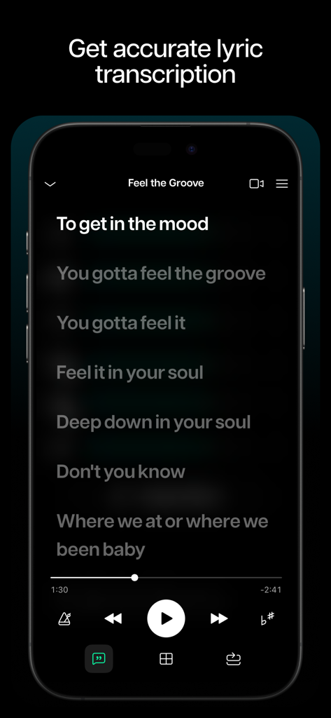 Interfaz de la app Moises mostrando la transcripción automática de letras por IA en la pantalla de un smartphone.