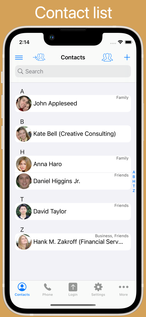 Capture d'écran de l'application ContactsPro HX montrant l'interface de la liste de contacts avec les noms, les photos de profil et les étiquettes organisationnelles.
