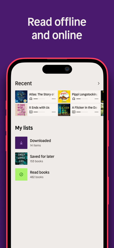 Nextory: Audiobooks & E-books - Interface do aplicativo móvel Nextory mostrando listas de livros pessoais e o recurso de leitura offline.