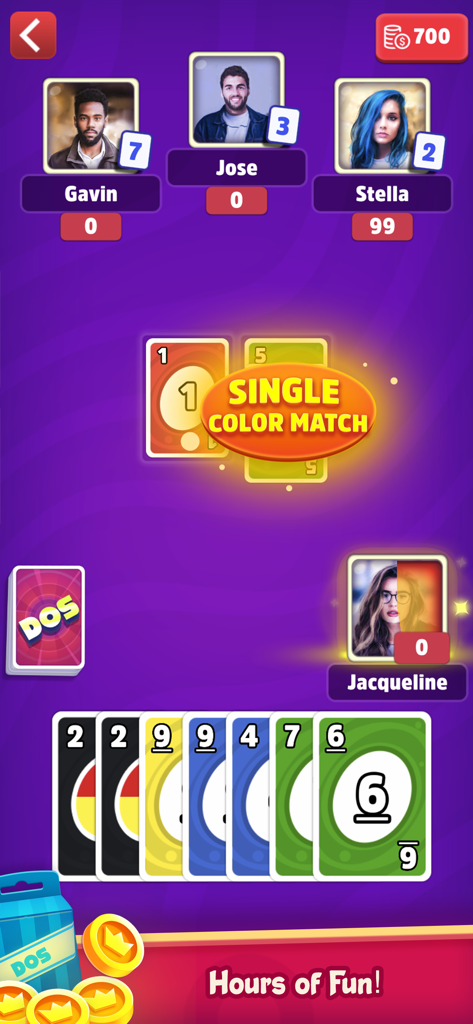 Dos: Fun Family Card Game - Multiplayer gameplay of Dos card game showing a single color match in action.