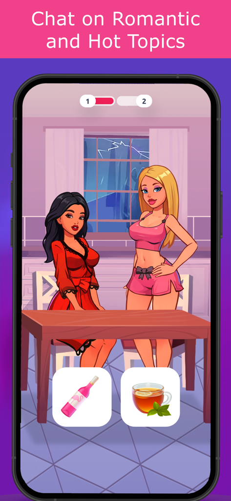 Dos avatares de personajes femeninos en una sala de chat virtual con opciones de bebidas y conversación.