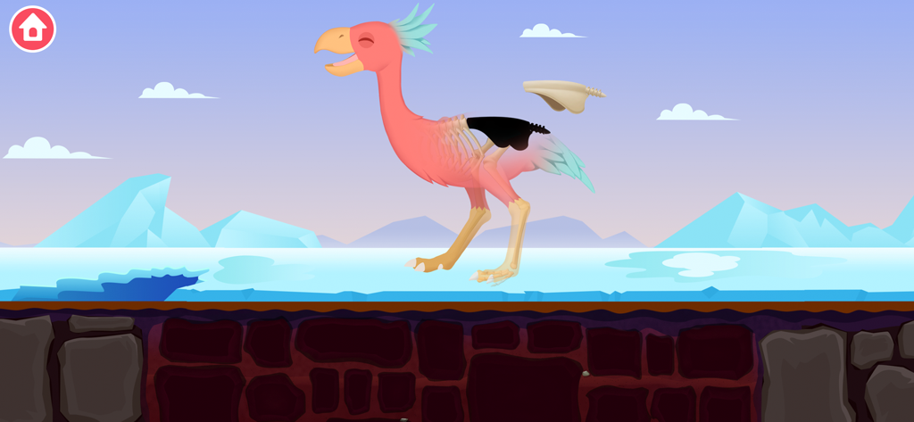 Jeu de puzzle éducatif montrant le squelette d'un oiseau préhistorique dans un décor de l'Âge de Glace.