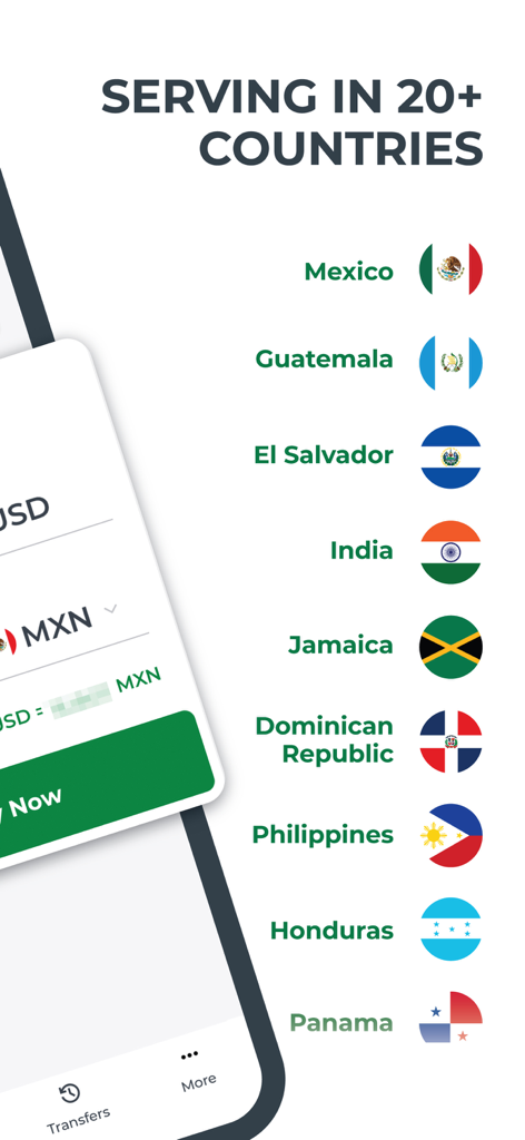 Interfaz de la app Intermex mostrando una lista de más de 20 países admitidos para transferencias de dinero internacionales con banderas nacionales