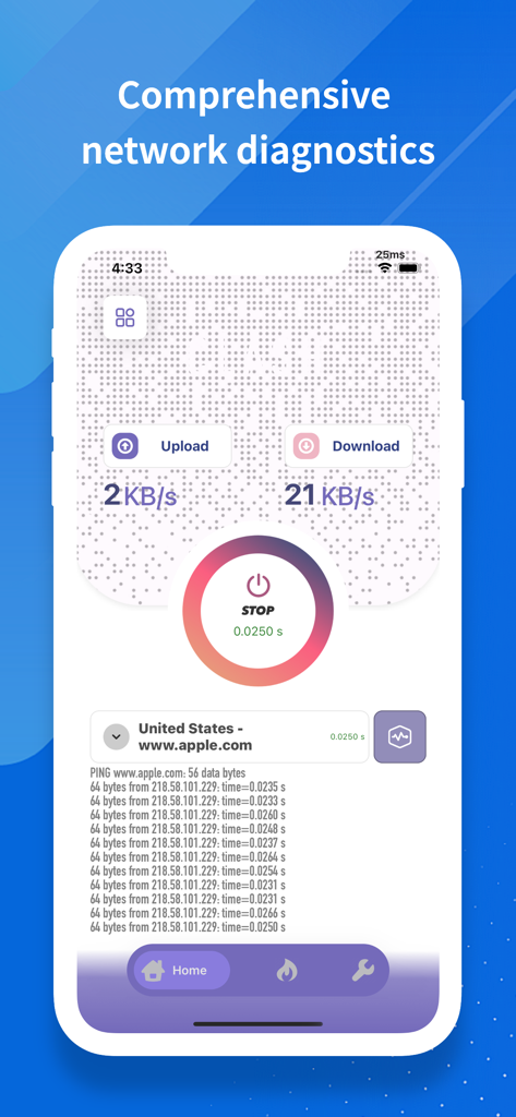 NetClash-Network's Vital Signs - NetClash App-Oberfläche zeigt Netzwerk-Ping-Testergebnisse und Datengeschwindigkeiten auf einem iPhone