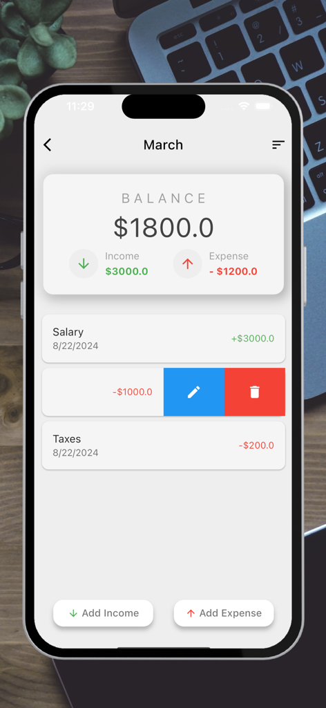 Eine minimalistische Budget-App-Oberfläche auf einem Smartphone, die eine monatliche Bilanz und eine Liste von Einkommens- und Ausgaben-Transaktionen zeigt