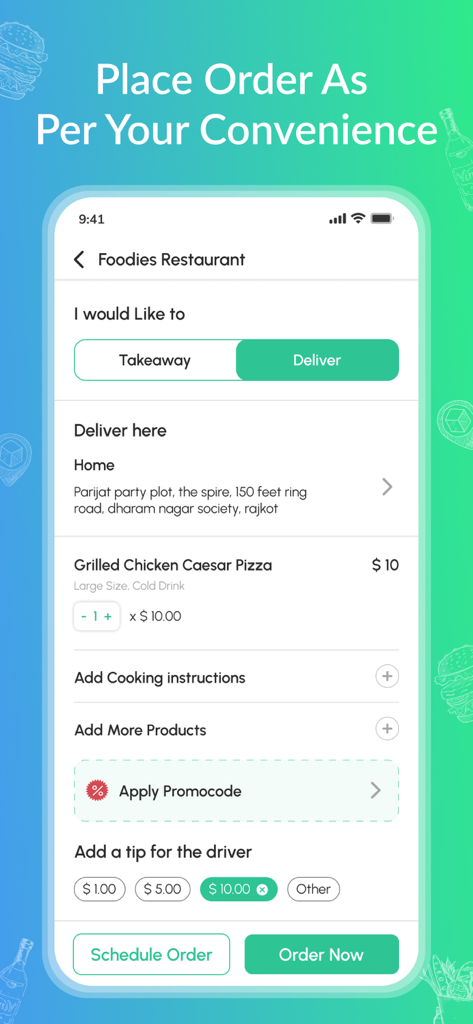 Fox-Delivery Anythingアプリのピザ注文用チェックアウト画面。配送とチップのオプションが表示されています。