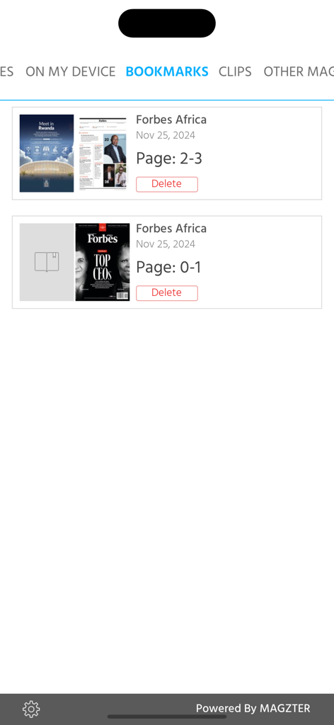 Pantalla de marcadores en la aplicación Forbes Africa que muestra páginas guardadas de la revista