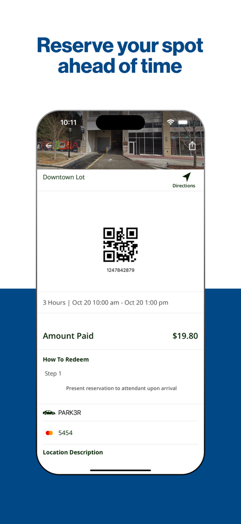 ParkHouston - ParkHouston app screen showing a parking reservation confirmation with a QR code and payment details for a downtown lot