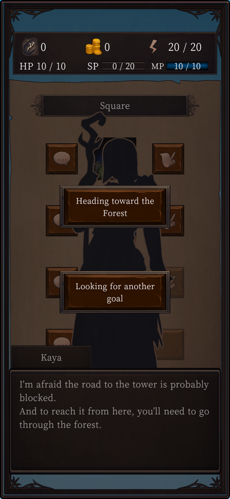 Ax RPG II - Écran de dialogue en jeu d'Ax RPG II montrant un choix d'histoire ramifié entre se diriger vers la forêt ou chercher un autre objectif.