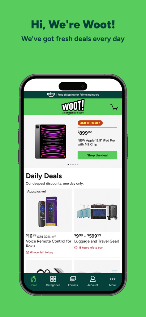 Interface of the Woot shopping app displaying daily deals and discounts.