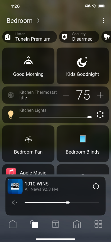 Control4 - Control4 mobile app interface showing smart home controls for lights temperature and music