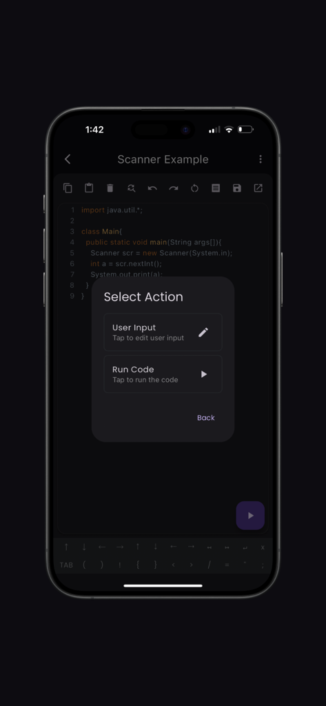 Java Compiler‎ ‎‎ ‎ - Popup Selecionar Ação com as opções Entrada do Usuário e Executar Código no aplicativo Java Compiler