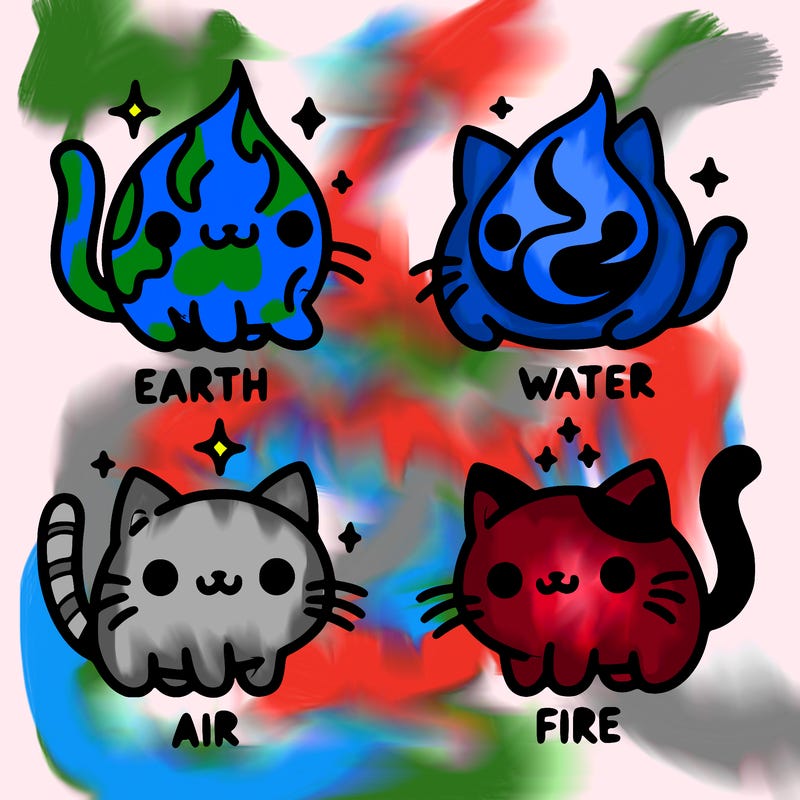 4 cats that represent the different elements, earth, water, air, and fire