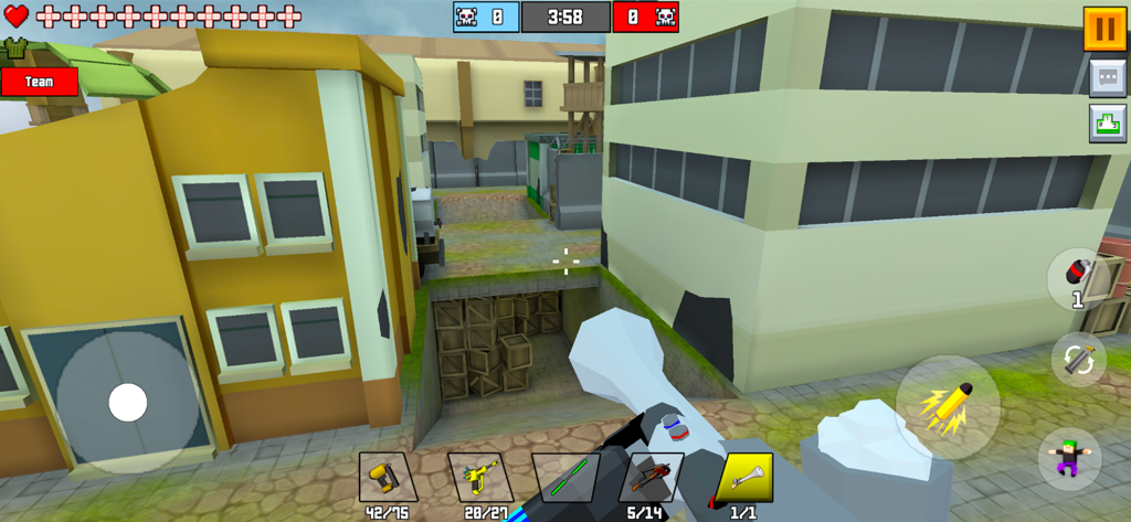 Pixel Fury Classic FPS Shooter - First person shooter gameplay in Pixel Fury featuring a pixelated city environment and weapon loadout