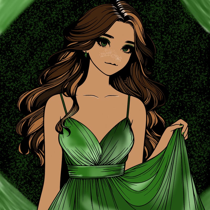 realistic girl in flowy silky prom dress