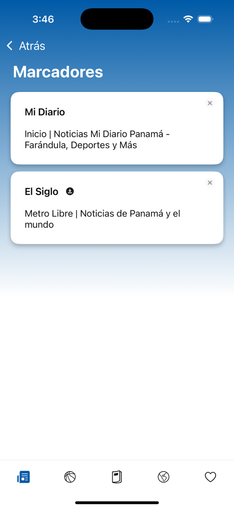 Periódicos de Panamá - Interface of the Periodicos de Panama app showing bookmarked news sources like Mi Diario and El Siglo.