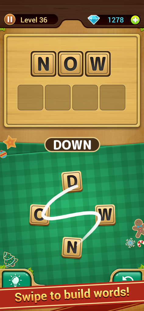 Word Link - Word Puzzle Game - Ein Screenshot des Word Link-Gameplays, der zeigt, wie Buchstaben durch Wischen verbunden werden, um das Wort DOWN zu bilden.