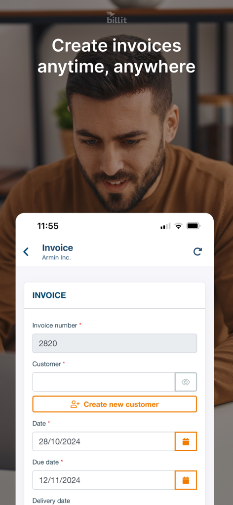Billit Expenses - Interfaz móvil de la aplicación Billit Expenses mostrando un formulario para crear una nueva factura digital.