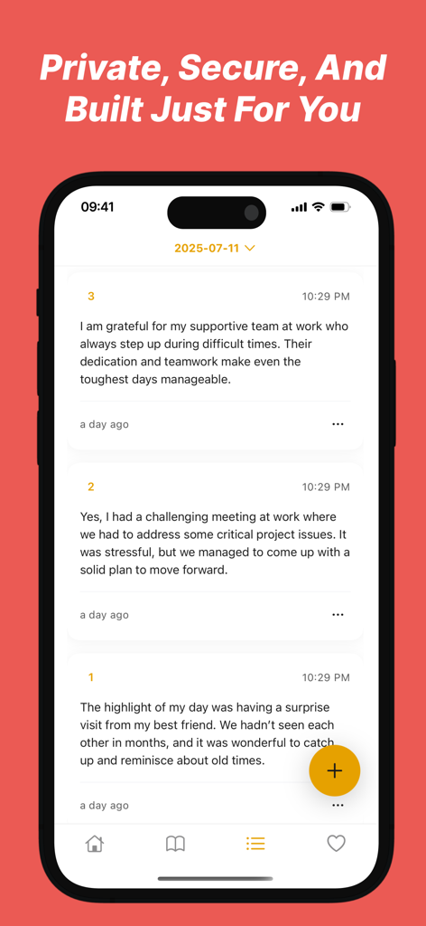 Journaling for Busy People - Un teléfono móvil que muestra la interfaz de la aplicación Reflectary con una lista de entradas de diario privadas y seguras.
